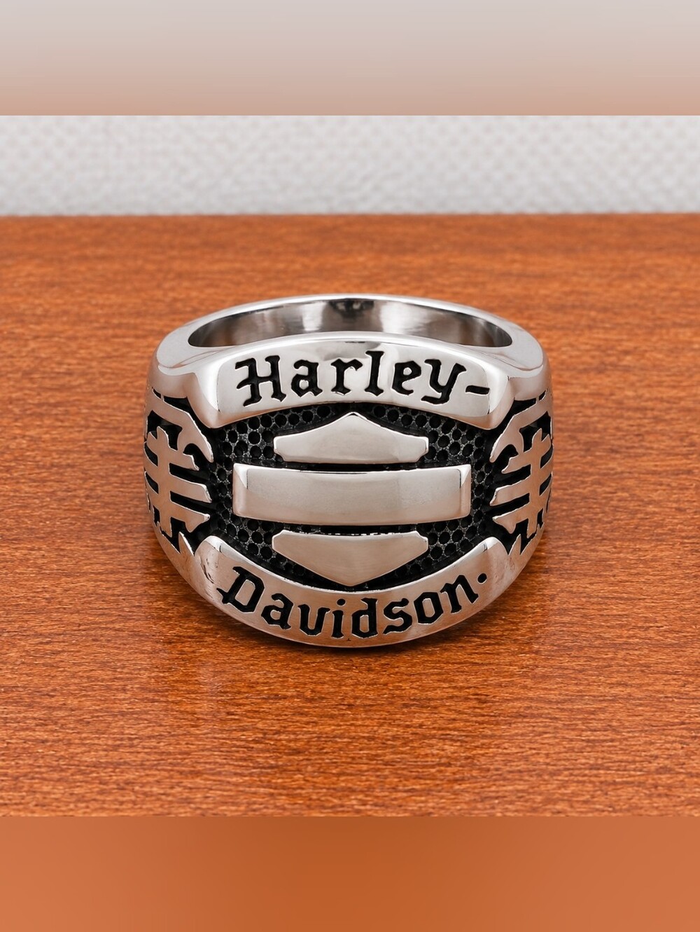 Harley-Davidson Stainless Steel and Black Engraved Logo Ring